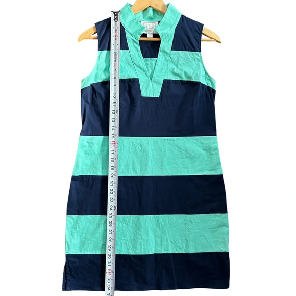 STS Sail to Stable Dress Rugby Stripe Navy Blue Teal Green Preppy Tenniscore Med - Picture 6 of 8